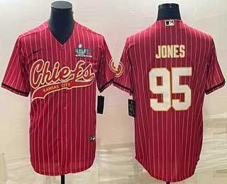Mens Kansas City Chiefs #95 Chris Jones Red Pinstripe With Super Bowl LVII Patch Cool Base Stitched Baseball Jersey->kansas city chiefs->NFL Jersey